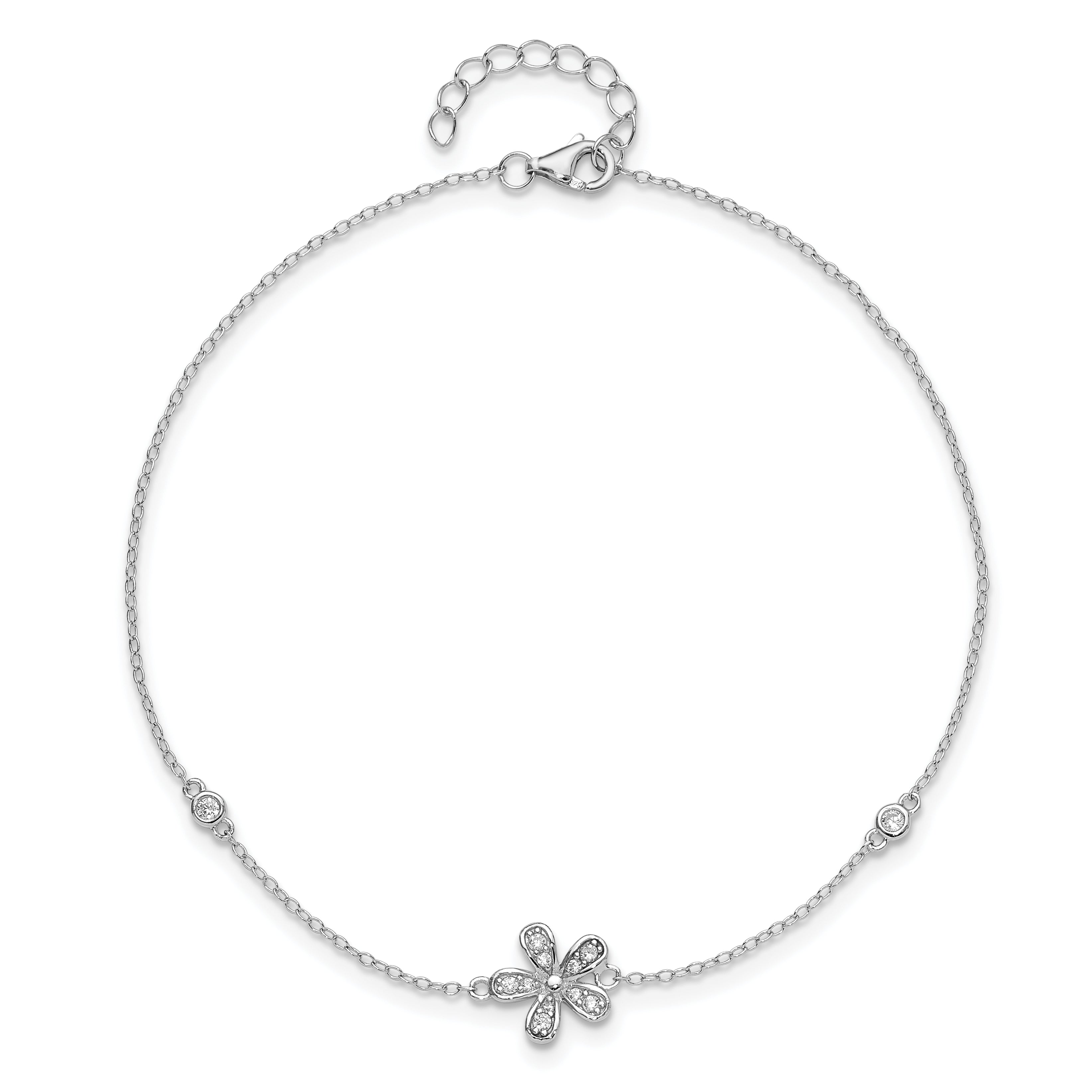 Cheryl M Sterling Silver Rhodium-plated Brilliant-cut CZ Flower 9 Inch Anklet with 1 Inch Extender