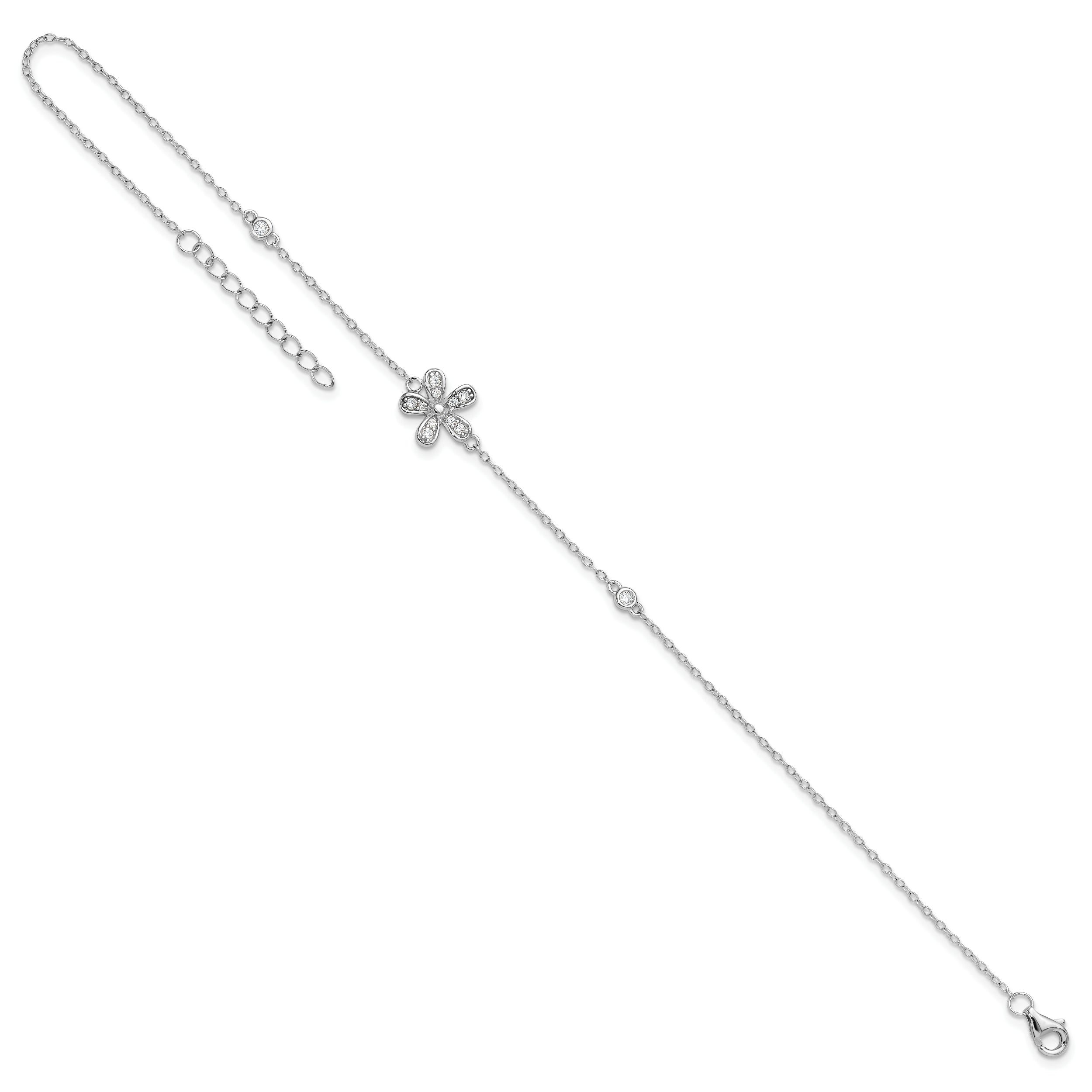 Cheryl M Sterling Silver Rhodium-plated Brilliant-cut CZ Flower 9 Inch Anklet with 1 Inch Extender