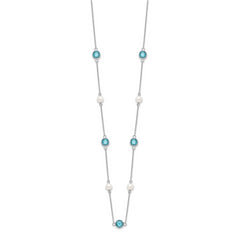 Cheryl M Sterling Silver Rhodium-plated Blue Double Pineapple-cut CZ & White Freshwater Cultured Pearl 9 Station 18 Inch Necklace with 2 Inch Extender