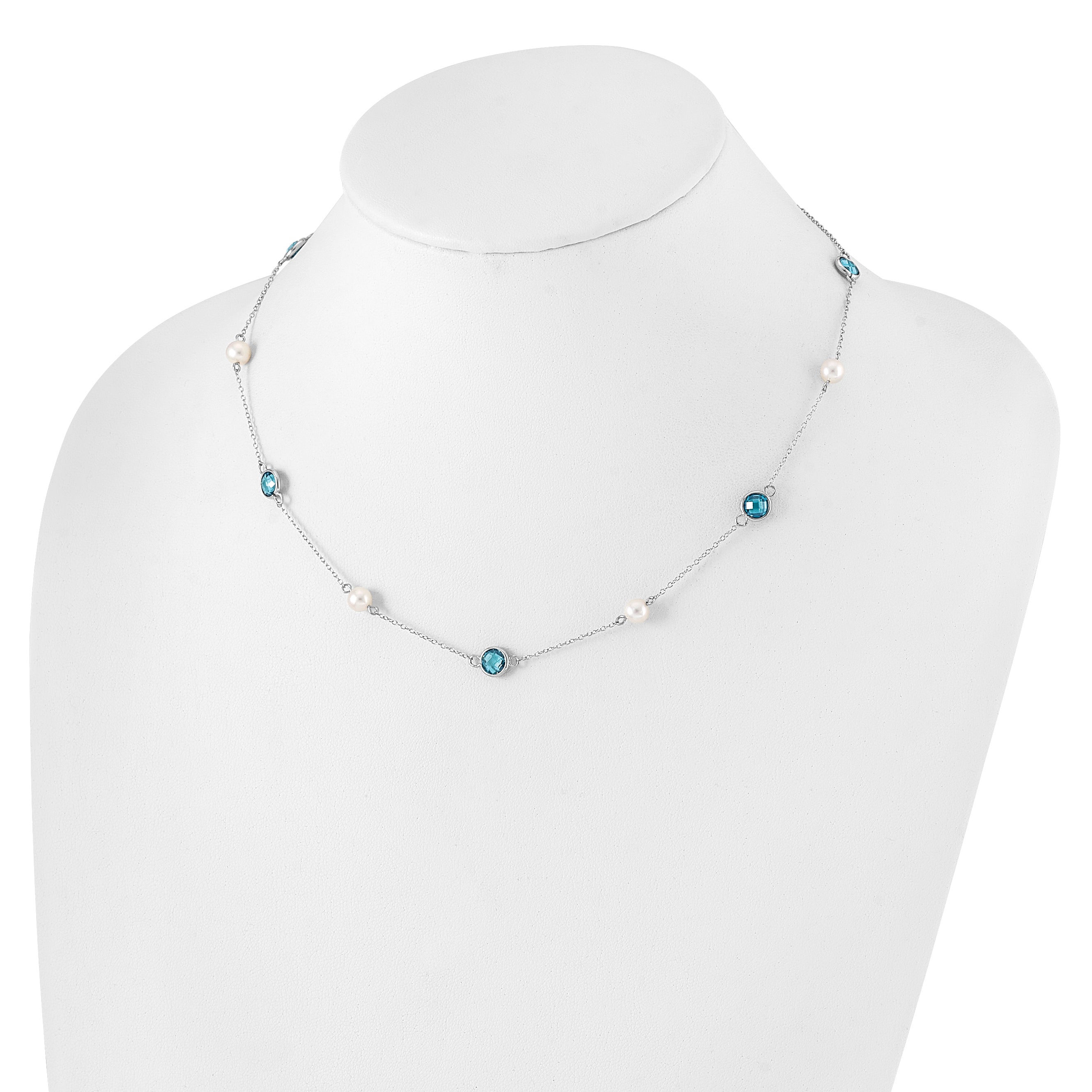 Cheryl M Sterling Silver Rhodium-plated Blue Double Pineapple-cut CZ & White Freshwater Cultured Pearl 9 Station 18 Inch Necklace with 2 Inch Extender