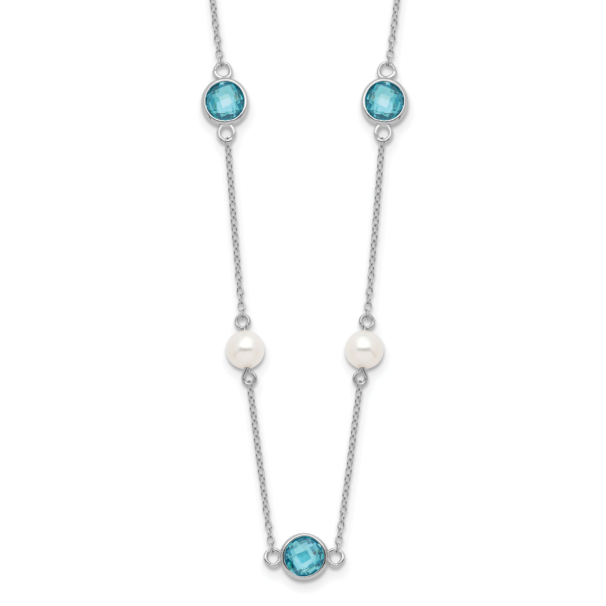 Cheryl M Sterling Silver Rhodium-plated Blue Double Pineapple-cut CZ & White Freshwater Cultured Pearl 9 Station 18 Inch Necklace with 2 Inch Extender