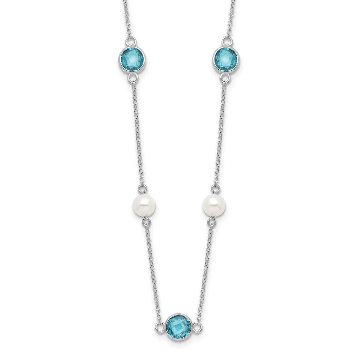 Cheryl M Sterling Silver Rhodium-plated Blue Double Pineapple-cut CZ & White Freshwater Cultured Pearl 9 Station 18 Inch Necklace with 2 Inch Extender