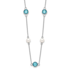 Cheryl M Sterling Silver Rhodium-plated Blue Double Pineapple-cut CZ & White Freshwater Cultured Pearl 9 Station 18 Inch Necklace with 2 Inch Extender