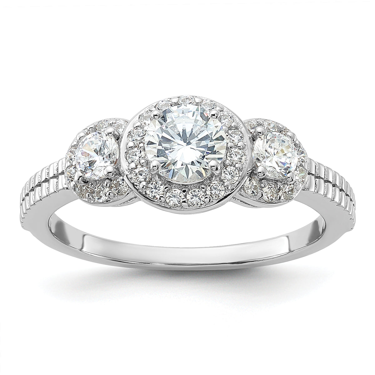 Cheryl M Sterling Silver Rhodium-plated Brilliant-cut CZ 3-Stone Halo with Textured Side Ring