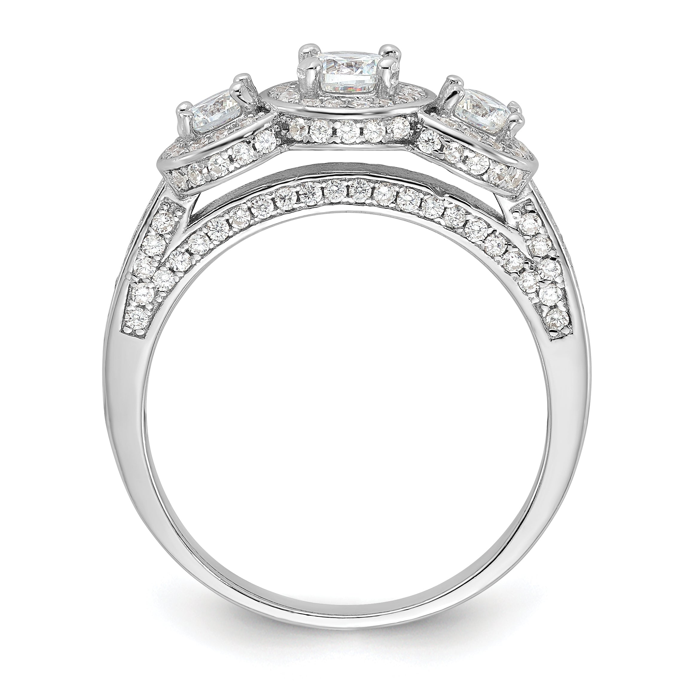 Cheryl M Sterling Silver Rhodium-plated Brilliant-cut CZ Three Stone Halo With Side Stones Ring