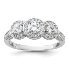 Cheryl M Sterling Silver Rhodium-plated Brilliant-cut CZ Three Stone Halo With Side Stones Ring