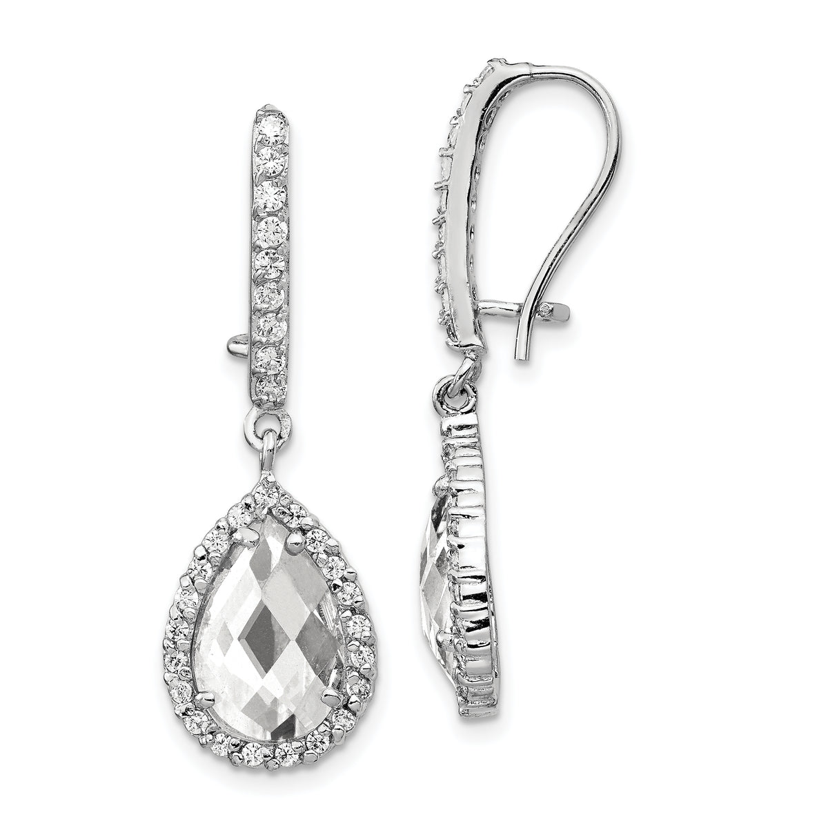 Cheryl M Sterling Silver Rhodium-plated Checkerboard-cut Pear Shaped and Brilliant-cut CZ Halo Kidney Wire Dangle Earrings