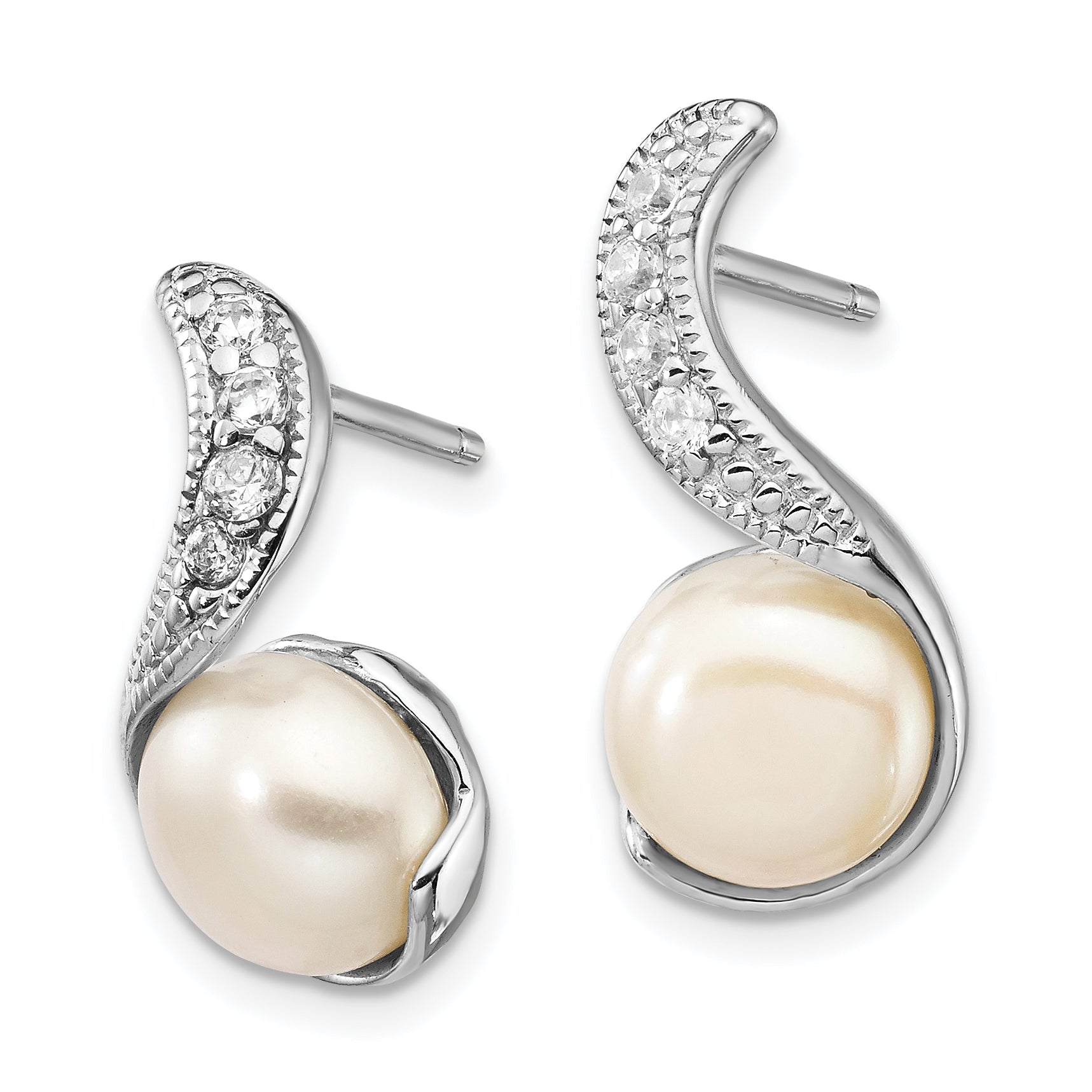 Cheryl M Sterling Silver Rhodium-plated Freshwater Cultured Pearl and Brilliant-cut CZ Post Dangle Earrings