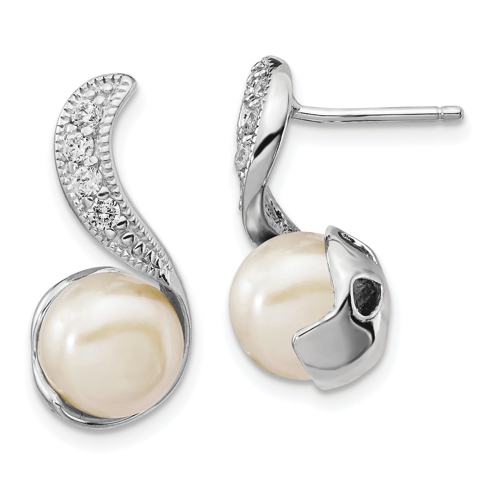 Cheryl M Sterling Silver Rhodium-plated Freshwater Cultured Pearl and Brilliant-cut CZ Post Dangle Earrings