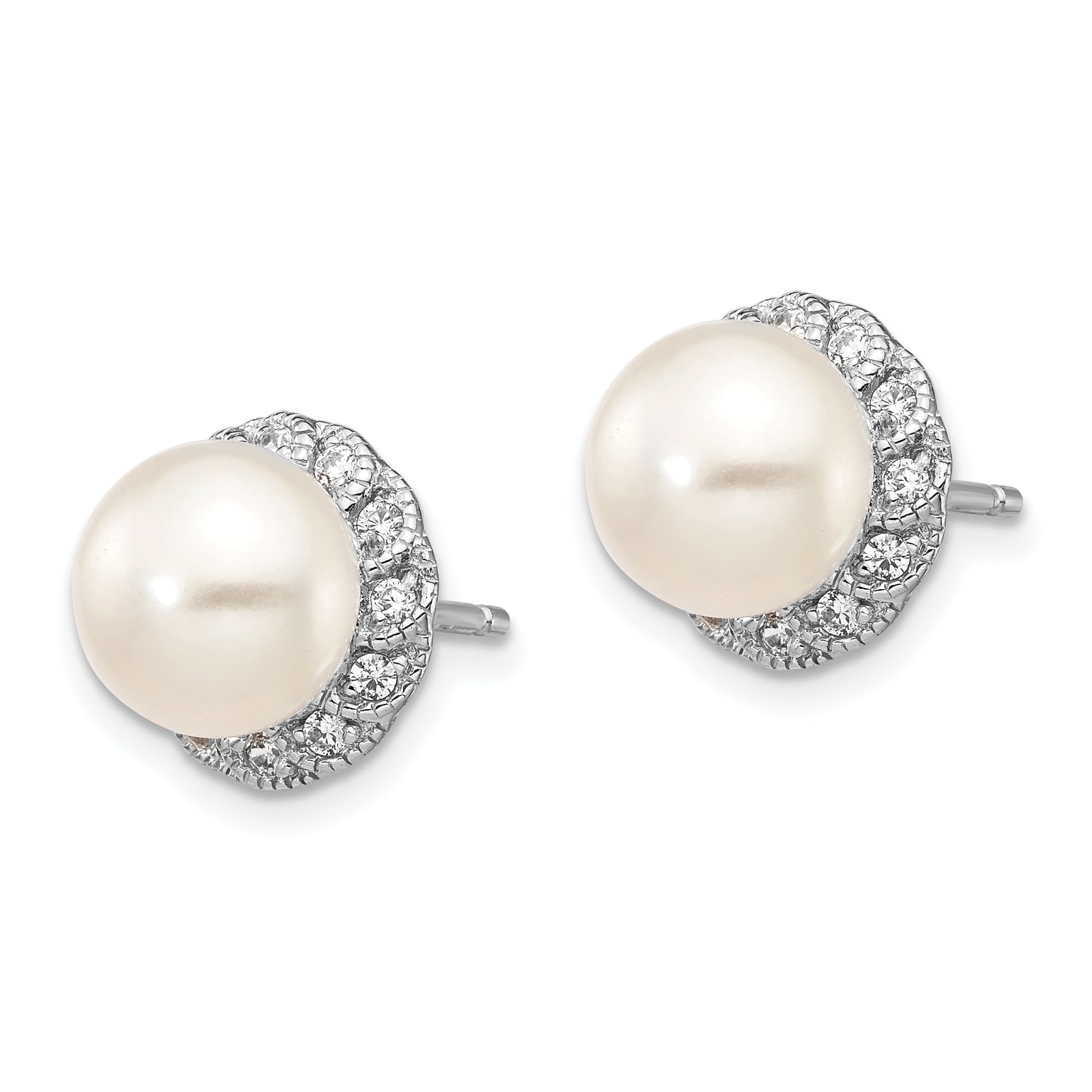 Cheryl M Sterling Silver Rhodium-plated White Freshwater Cultured Pearl and Brilliant-cut CZ Post Earrings