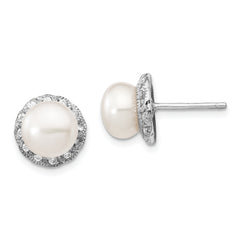 Cheryl M Sterling Silver Rhodium-plated White Freshwater Cultured Pearl and Brilliant-cut CZ Post Earrings