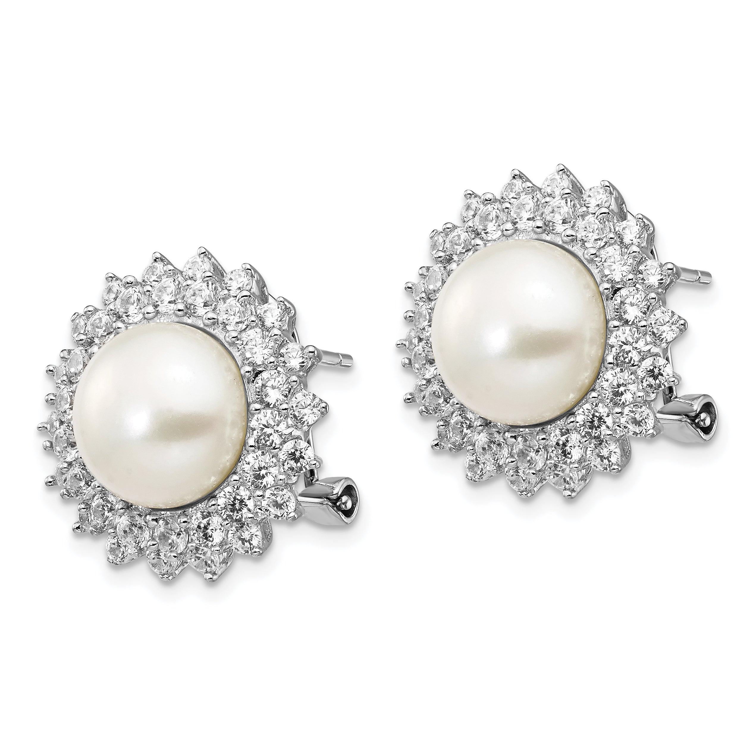 Cheryl M Sterling Silver Rhodium-plated Freshwater Cultured Pearl and Brilliant-cut CZ Omega Back Earrings