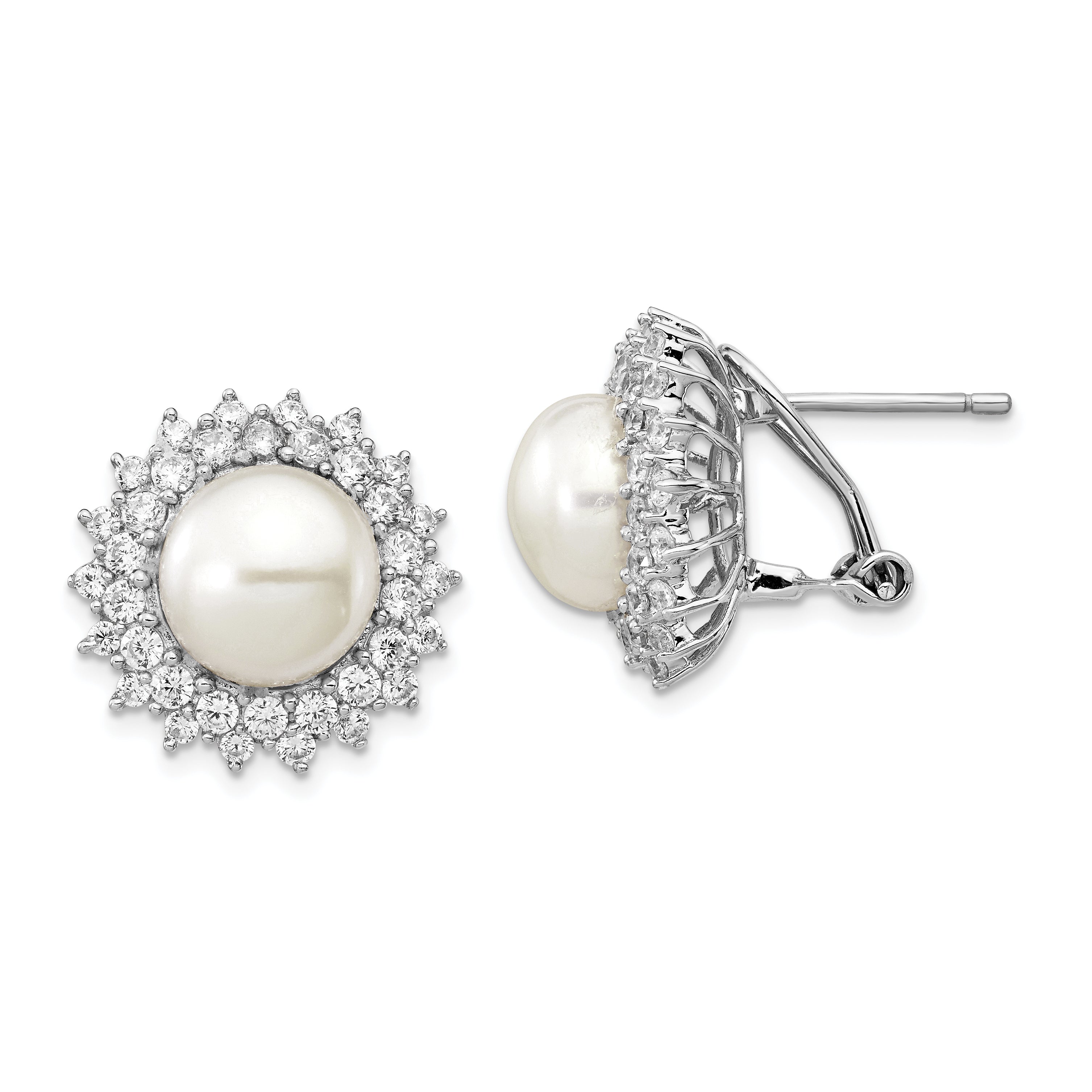 Cheryl M Sterling Silver Rhodium-plated Freshwater Cultured Pearl and Brilliant-cut CZ Omega Back Earrings