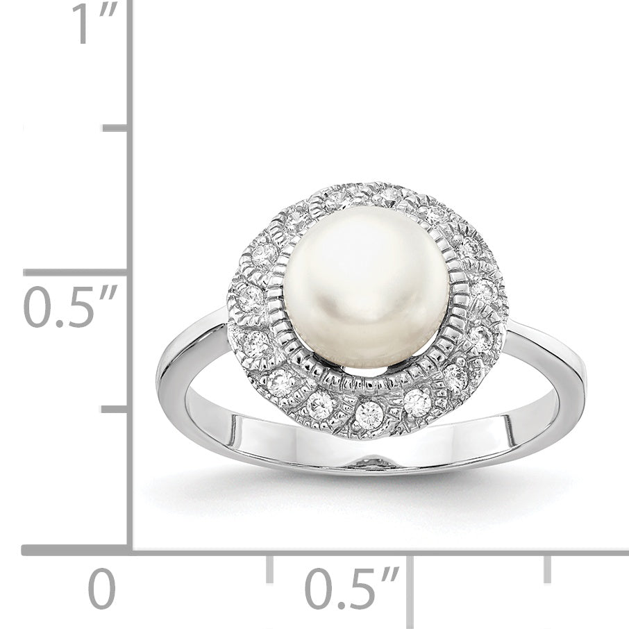 Cheryl M Sterling Silver Rhodium-plated Freshwater Cultured Pearl and Brilliant-cut CZ Ring