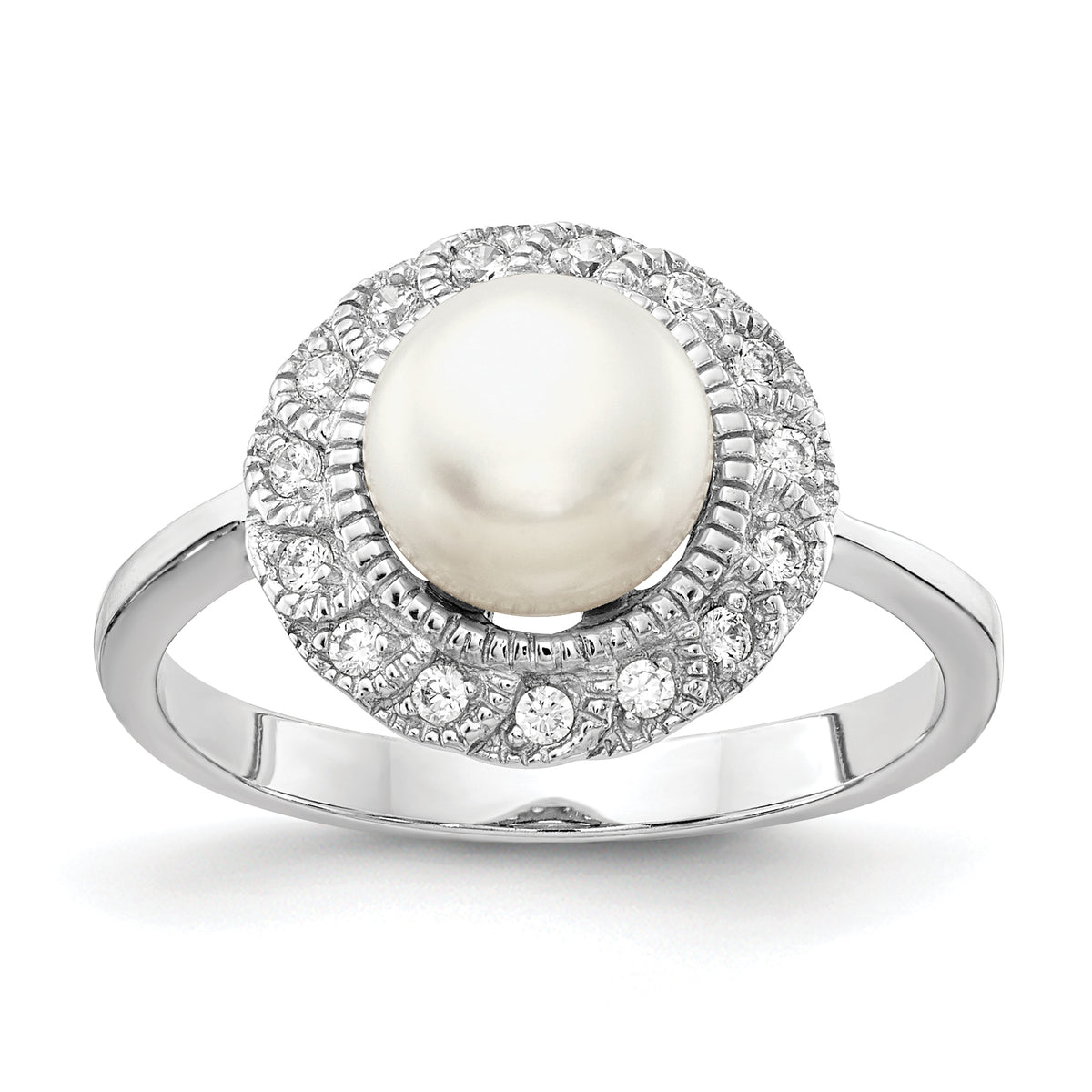 Cheryl M Sterling Silver Rhodium-plated Freshwater Cultured Pearl and Brilliant-cut CZ Ring