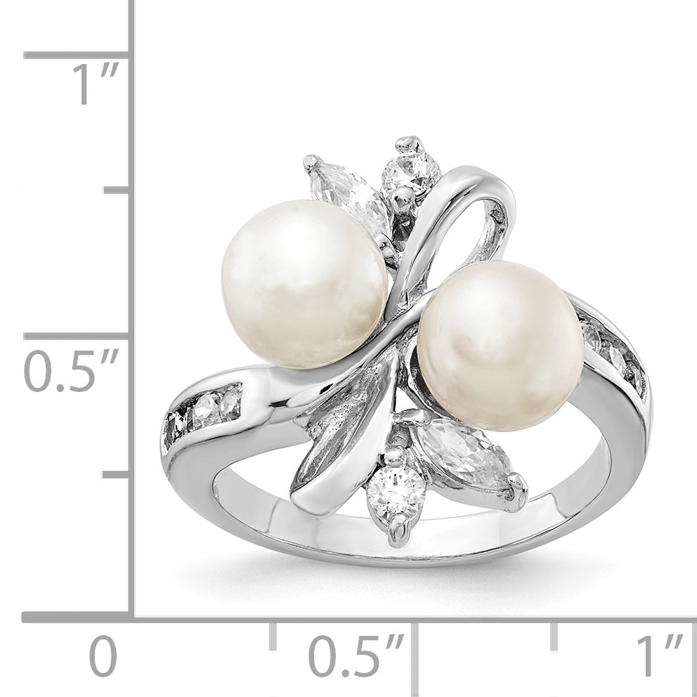 Cheryl M Sterling Silver Rhodium-plated Freshwater Cultured Pearl and Brilliant-cut CZ Leaves Ring