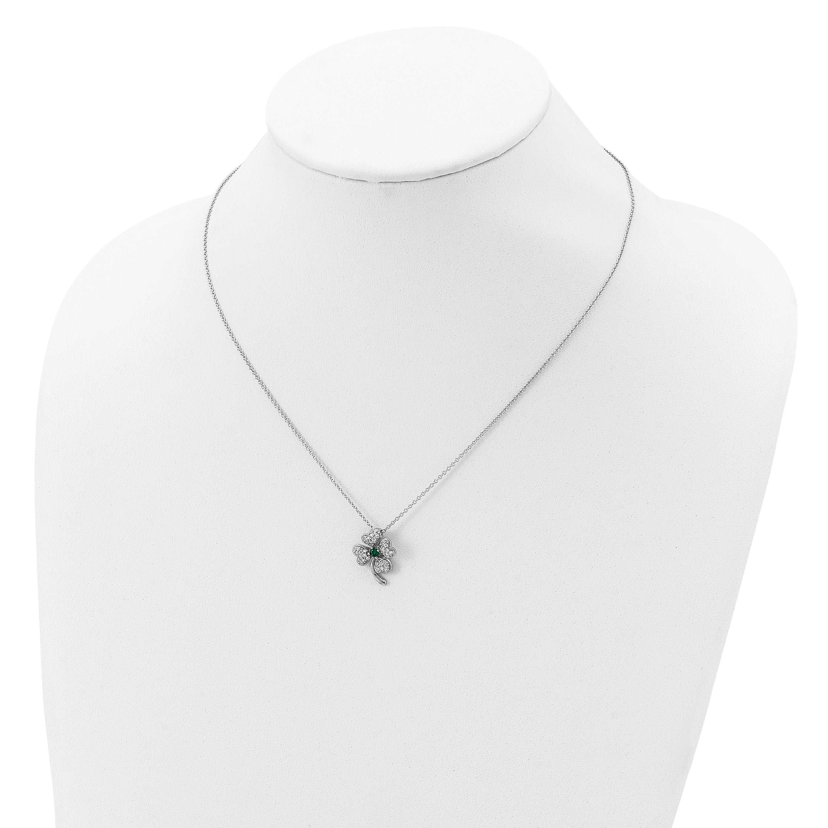 Cheryl M Sterling Silver Rhodium-plated Brilliant-cut Green Glass and Brilliant-cut White CZ Four Leaf Clover 18 Inch Necklace