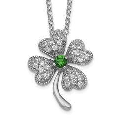 Cheryl M Sterling Silver Rhodium-plated Brilliant-cut Green Glass and Brilliant-cut White CZ Four Leaf Clover 18 Inch Necklace