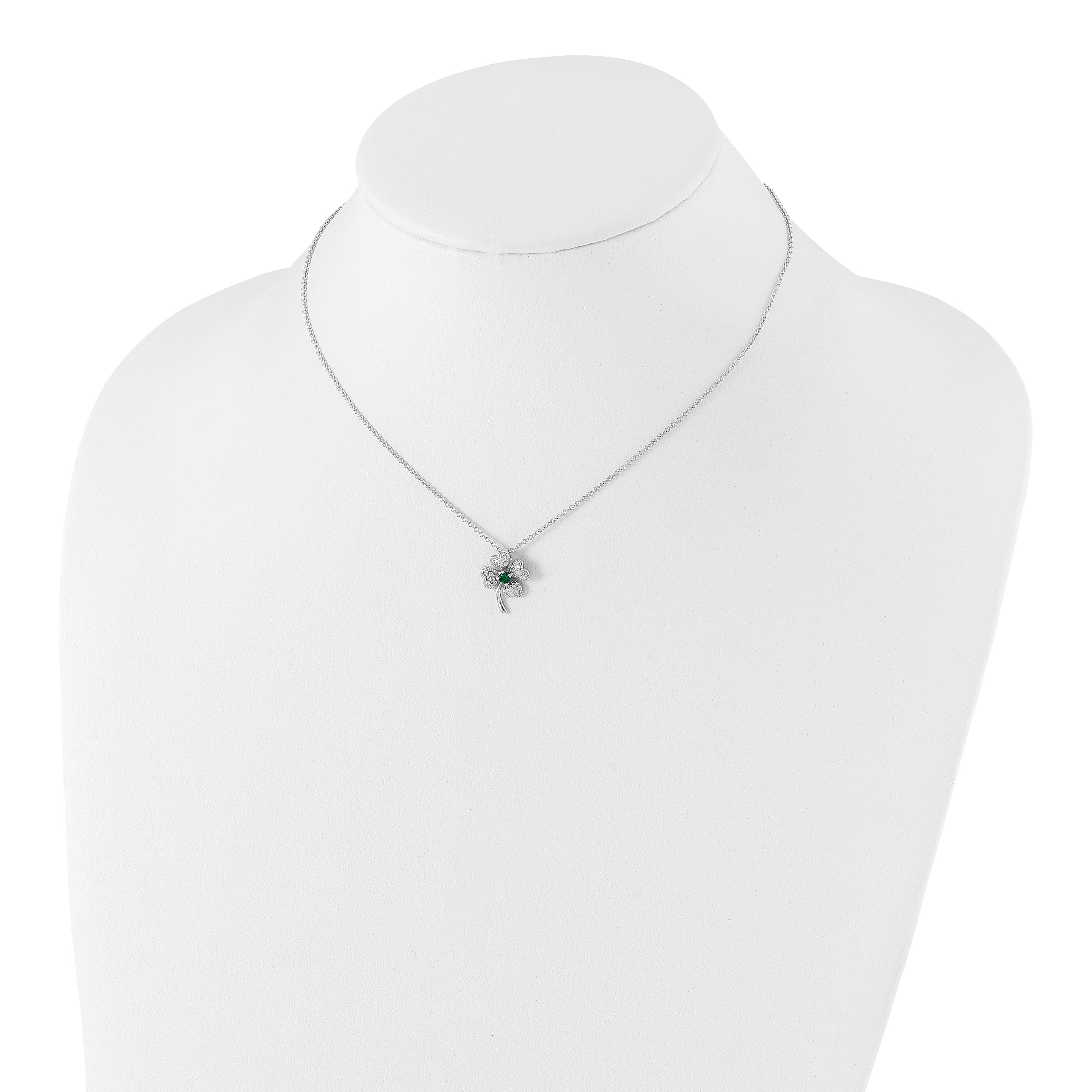 Cheryl M Sterling Silver Rhodium-plated Brilliant-cut Green Glass and Brilliant-cut White CZ Four Leaf Clover 15 Inch Necklace