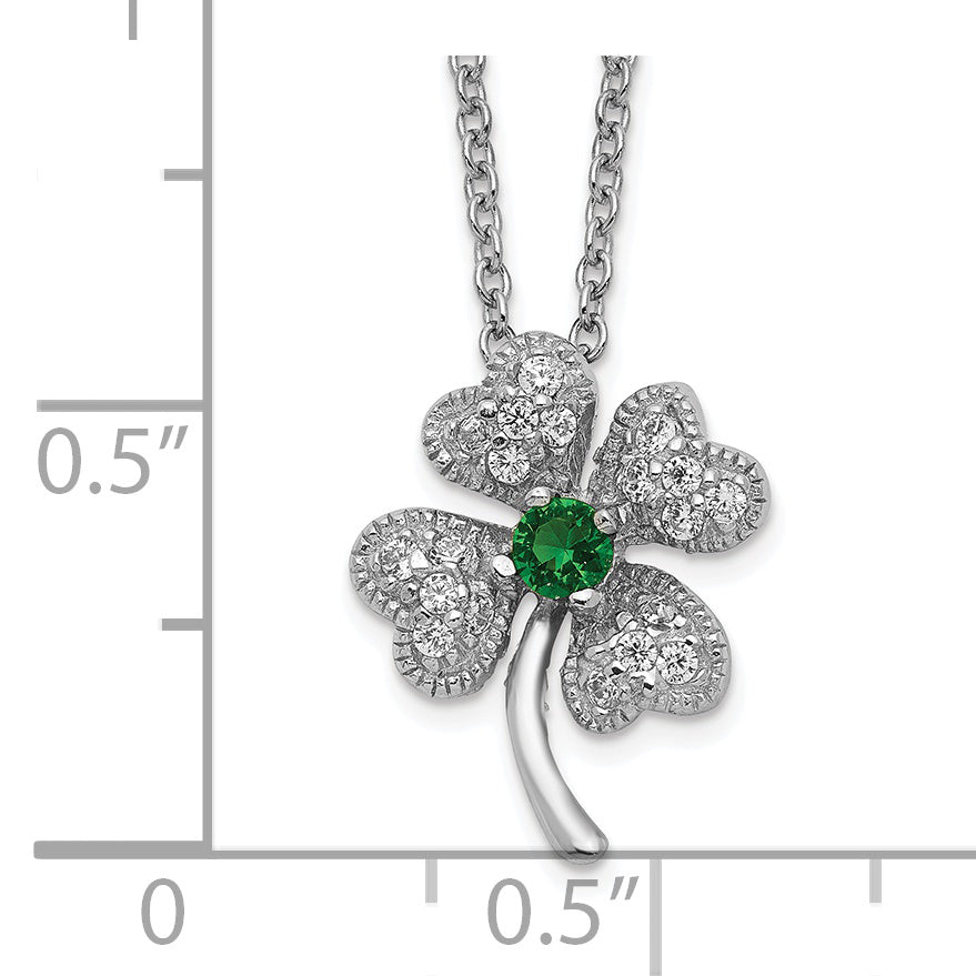 Cheryl M Sterling Silver Rhodium-plated Brilliant-cut Green Glass and Brilliant-cut White CZ Four Leaf Clover 15 Inch Necklace