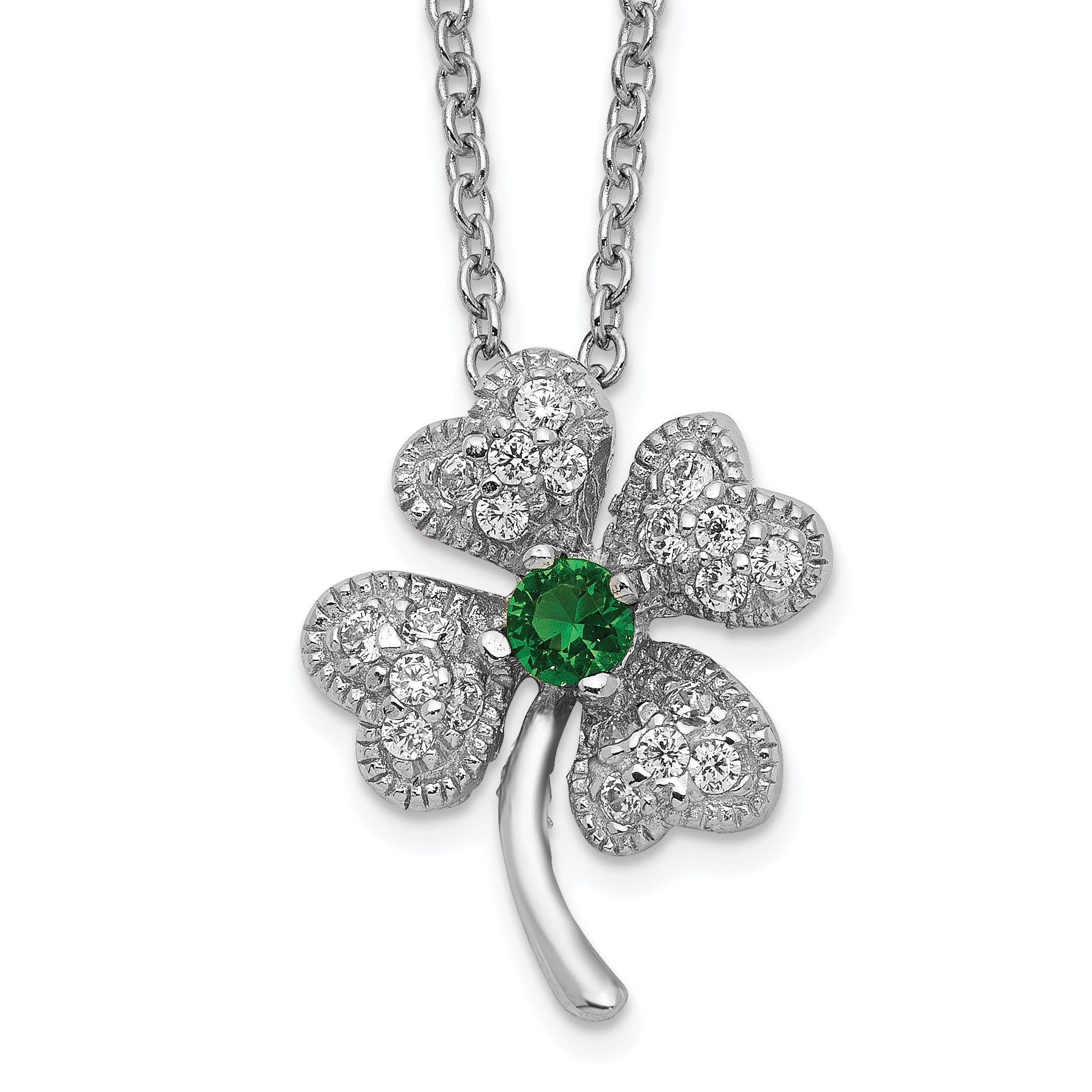 Cheryl M Sterling Silver Rhodium-plated Brilliant-cut Green Glass and Brilliant-cut White CZ Four Leaf Clover 15 Inch Necklace