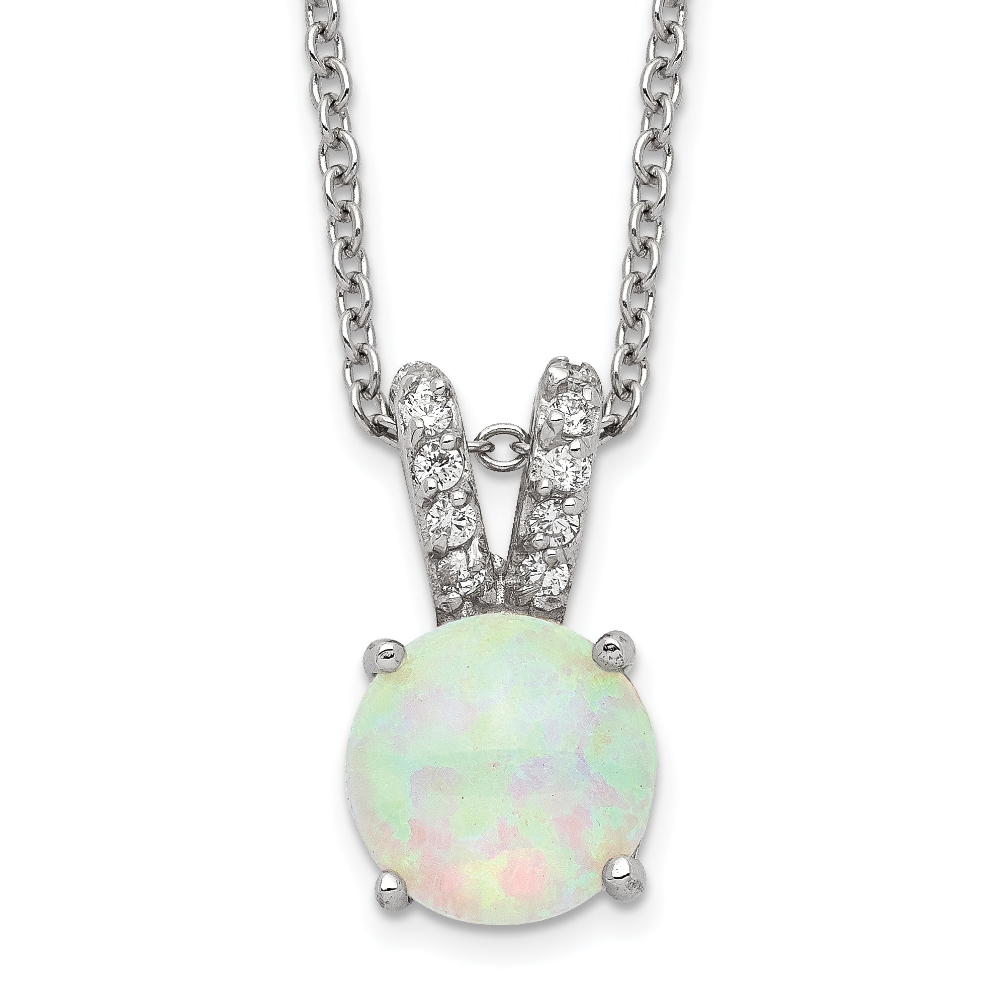 Cheryl M Sterling Silver Rhodium-plated Cabochon Lab Created Opal and Brilliant-cut CZ Split Bail 18 Inch Necklace