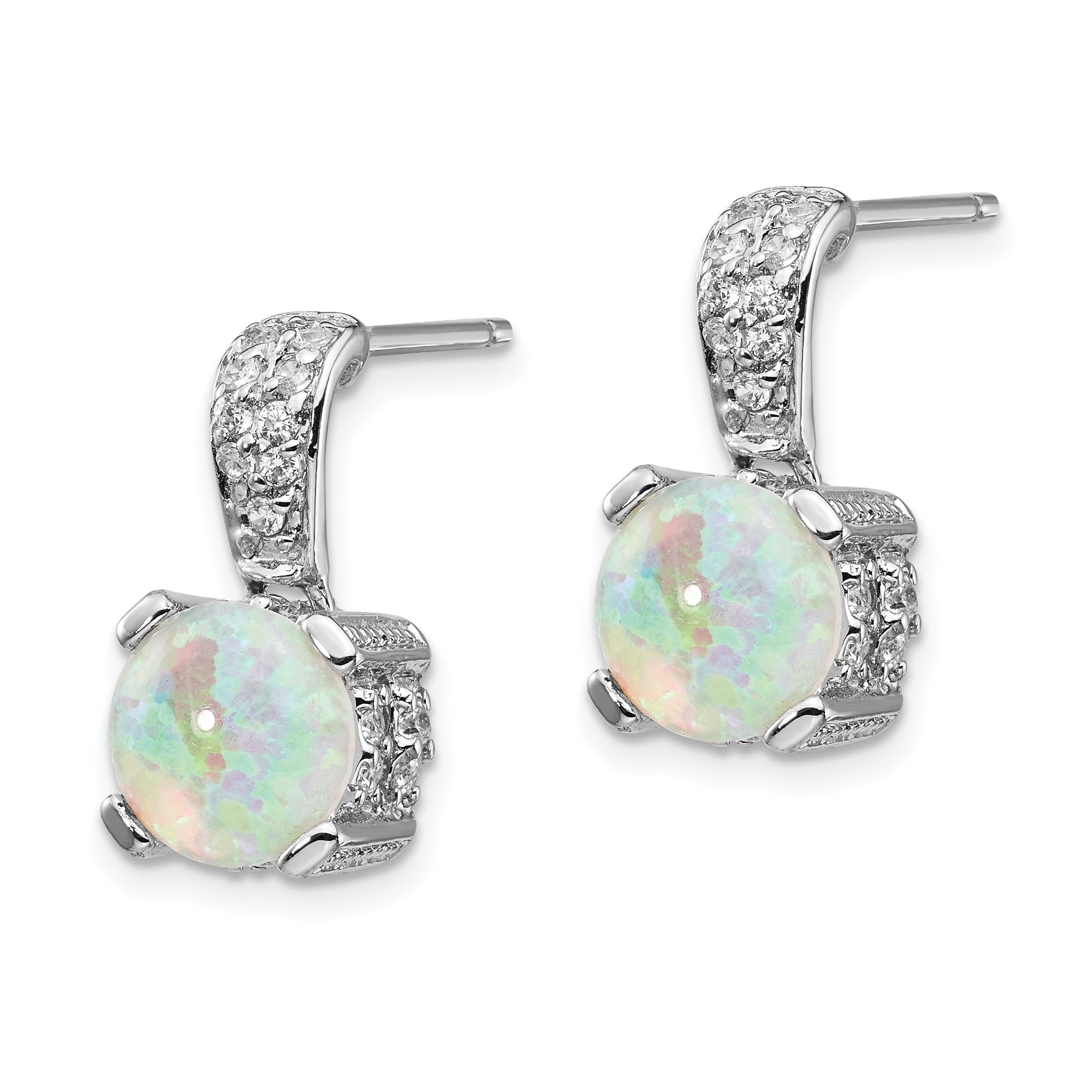 Cheryl M Sterling Silver Rhodium-plated 8mm Cabochon Lab Created Opal and Brilliant-cut CZ Post Dangle Earrings