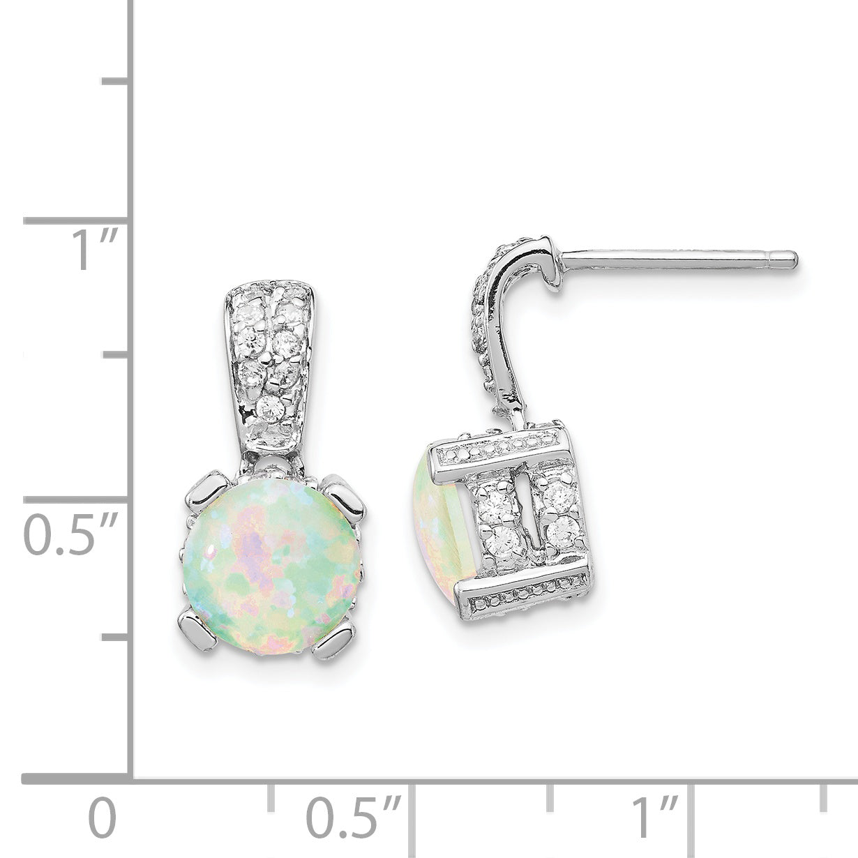 Cheryl M Sterling Silver Rhodium-plated 8mm Cabochon Lab Created Opal and Brilliant-cut CZ Post Dangle Earrings