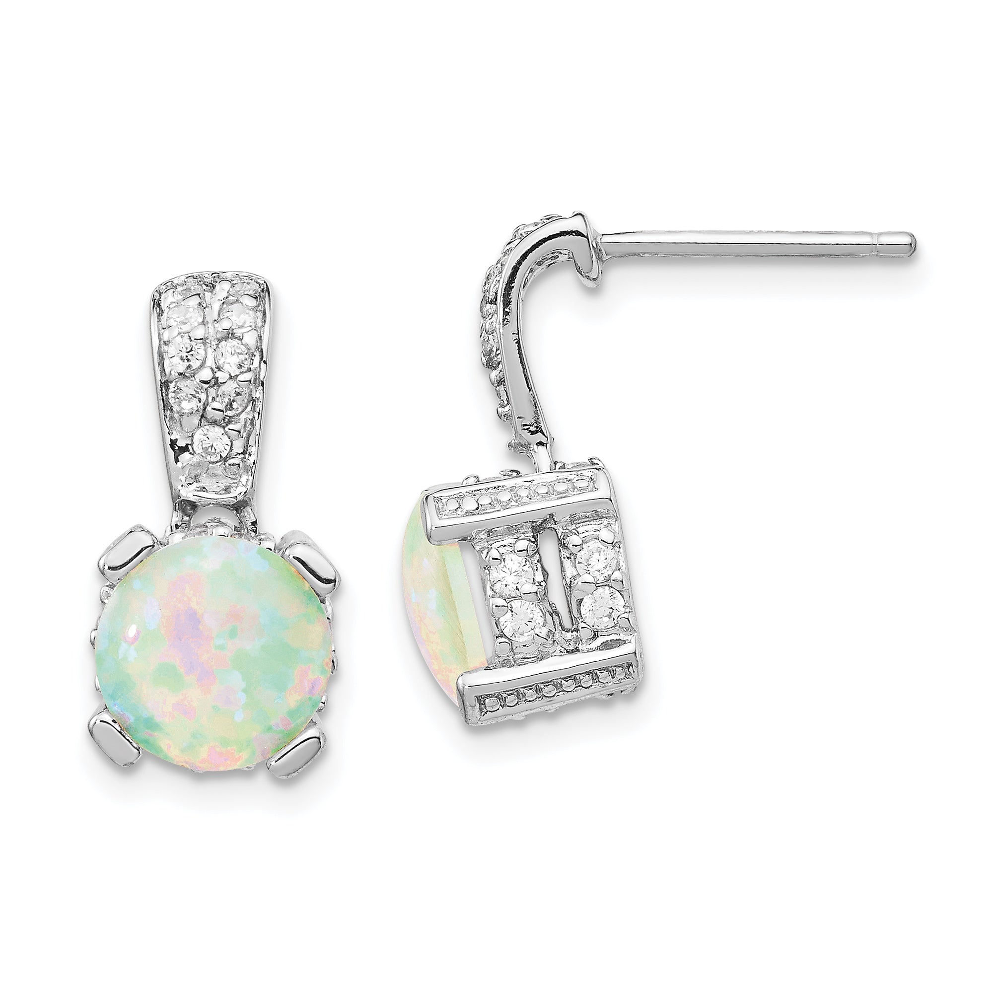 Cheryl M Sterling Silver Rhodium-plated 8mm Cabochon Lab Created Opal and Brilliant-cut CZ Post Dangle Earrings