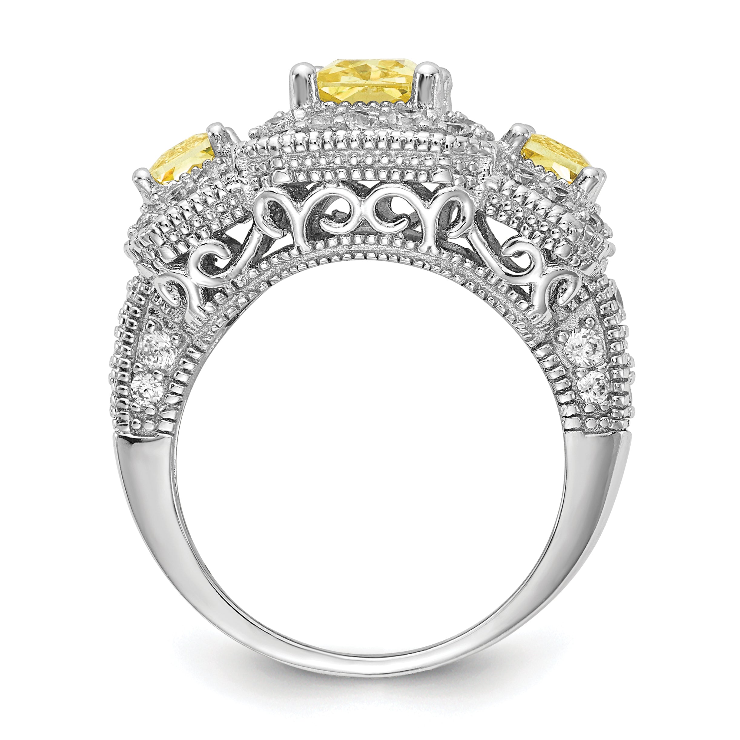 Cheryl M Sterling Silver Rhodium-plated Yellow Radiant-cut and White Brilliant-cut CZ 3 Stone Ring