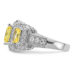 Cheryl M Sterling Silver Rhodium-plated Yellow Radiant-cut and White Brilliant-cut CZ 3 Stone Ring