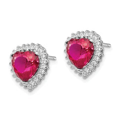 Sterling Silver Heart Halo Earrings with Lab-Created Ruby & CZ Stones