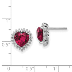 Sterling Silver Heart Halo Earrings with Lab-Created Ruby & CZ Stones