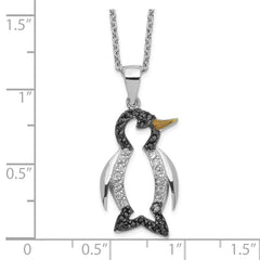 Cheryl M Sterling Silver Rhodium-plated with Black Rhodium Accent Enameled Brilliant-cut Black and White CZ Penguin 18 Inch Necklace