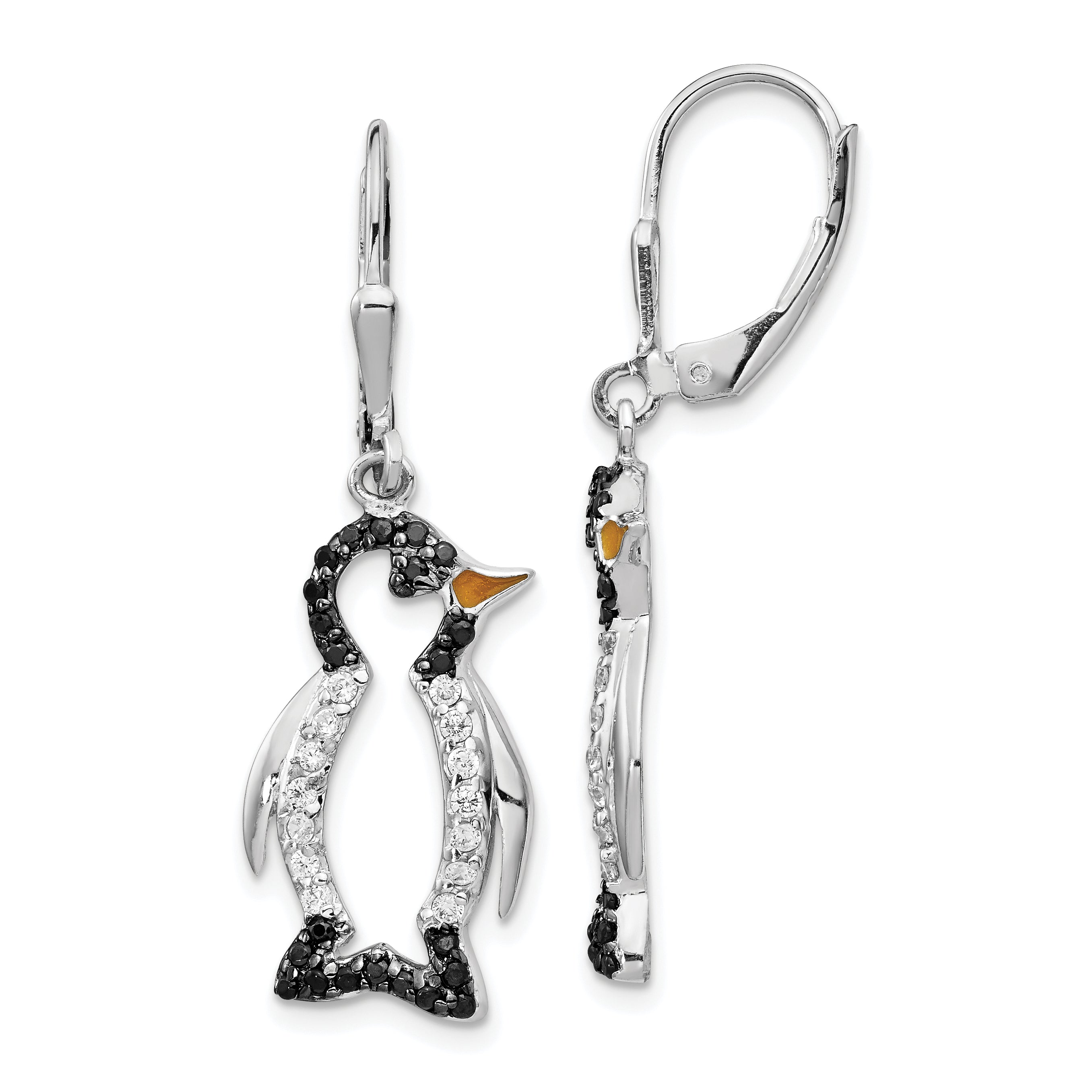 Cheryl M Sterling Silver Rhodium-plated with Black Rhodium Accent Enameled Brilliant-cut Black and White CZ Penguin Leverback Dangle Earrings