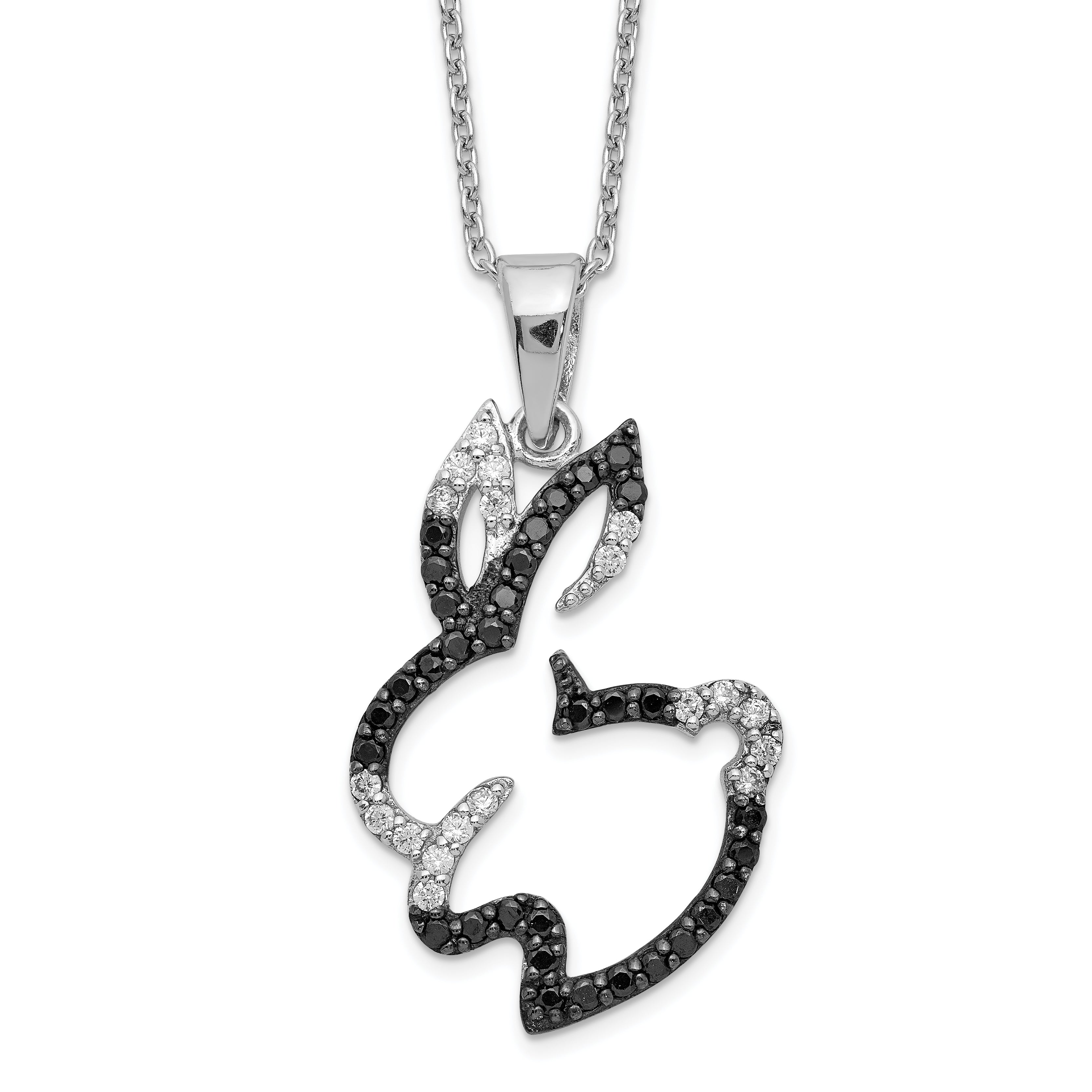 Cheryl M Sterling Silver Rhodium-plated with Black Rhodium Accent Brilliant-cut Black and White CZ Bunny Rabbit 18 Inch Necklace