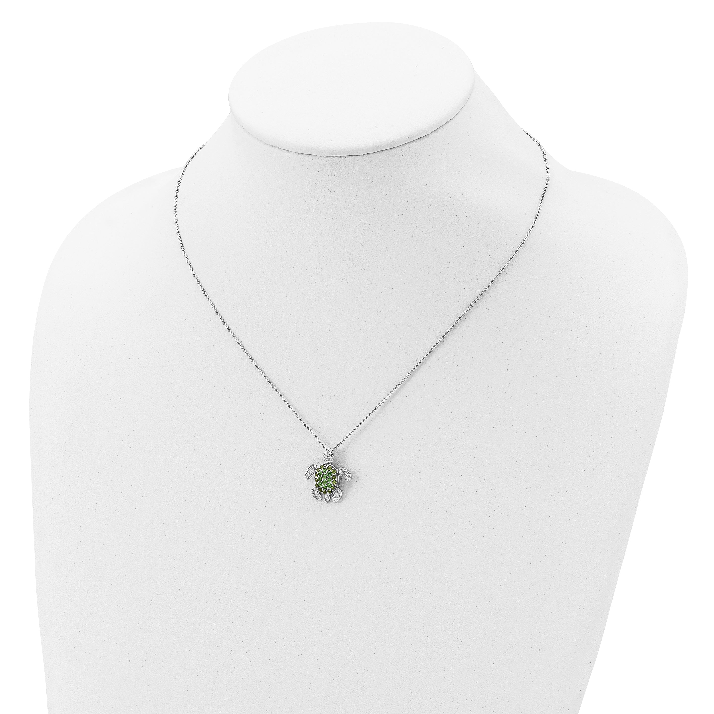 Cheryl M Sterling Silver Rhodium-plated Brilliant-cut Green Glass and Brilliant-cut White CZ Turtle 18 Inch Necklace