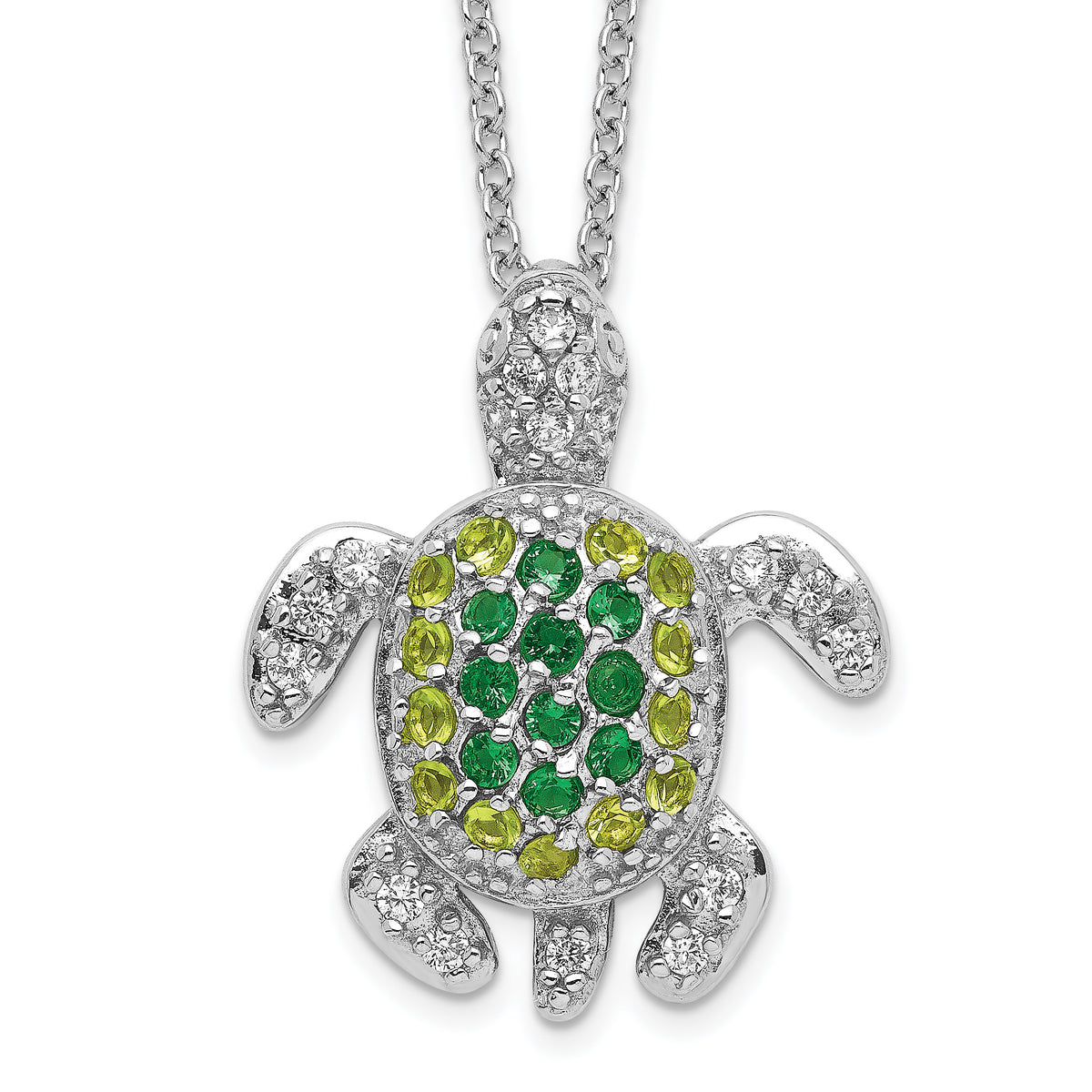 Cheryl M Sterling Silver Rhodium-plated Brilliant-cut Green Glass and Brilliant-cut White CZ Turtle 18 Inch Necklace