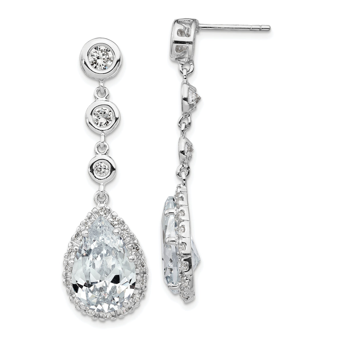 Cheryl M Sterling Silver Rhodium-plated Brilliant-cut CZ Bezel & Teardrop Halo Post Dangle Earrings