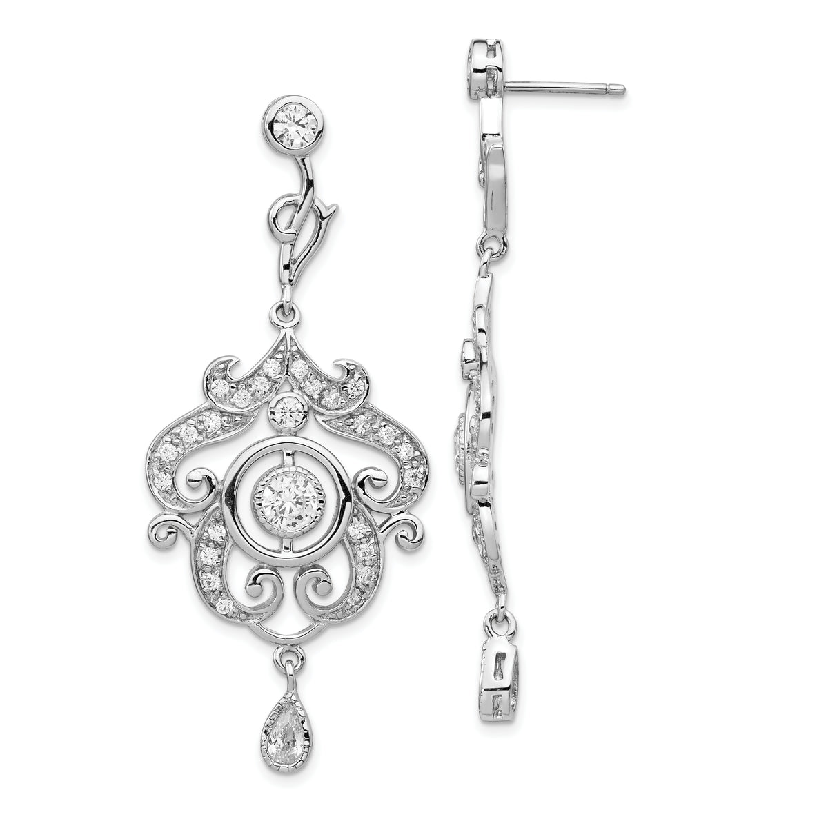 Cheryl M Sterling Silver Rhodium-plated Brilliant-cut Bezel CZ Fancy Chandelier Post Dangle Earrings