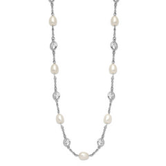 Cheryl M Sterling Silver Rhodium-plated Freshwater Cultured Pearl and Brilliant-cut CZ Bezel Station 36 Inch Necklace