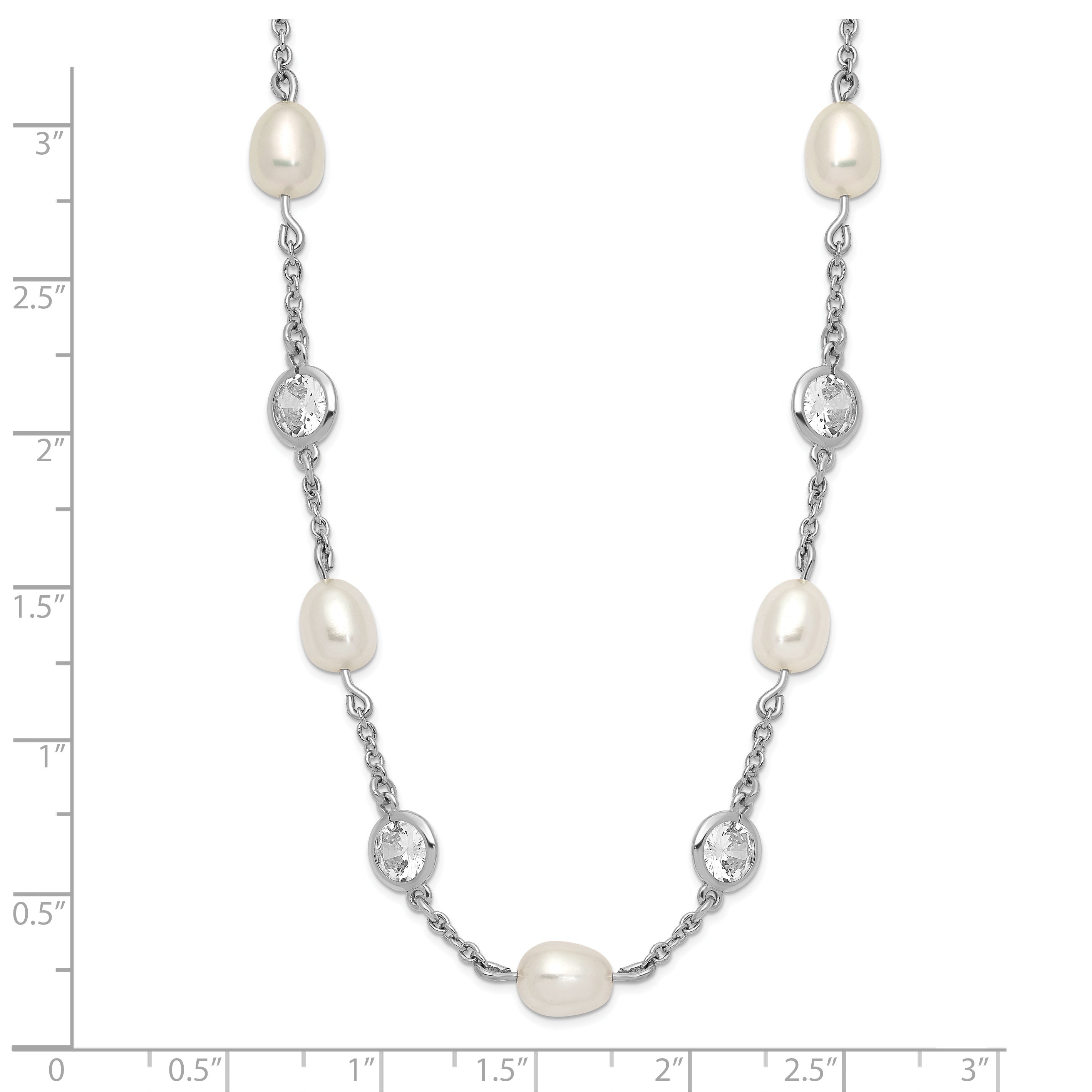 Cheryl M Sterling Silver Rhodium-plated Freshwater Cultured Pearl and Brilliant-cut CZ Bezel Station 36 Inch Necklace