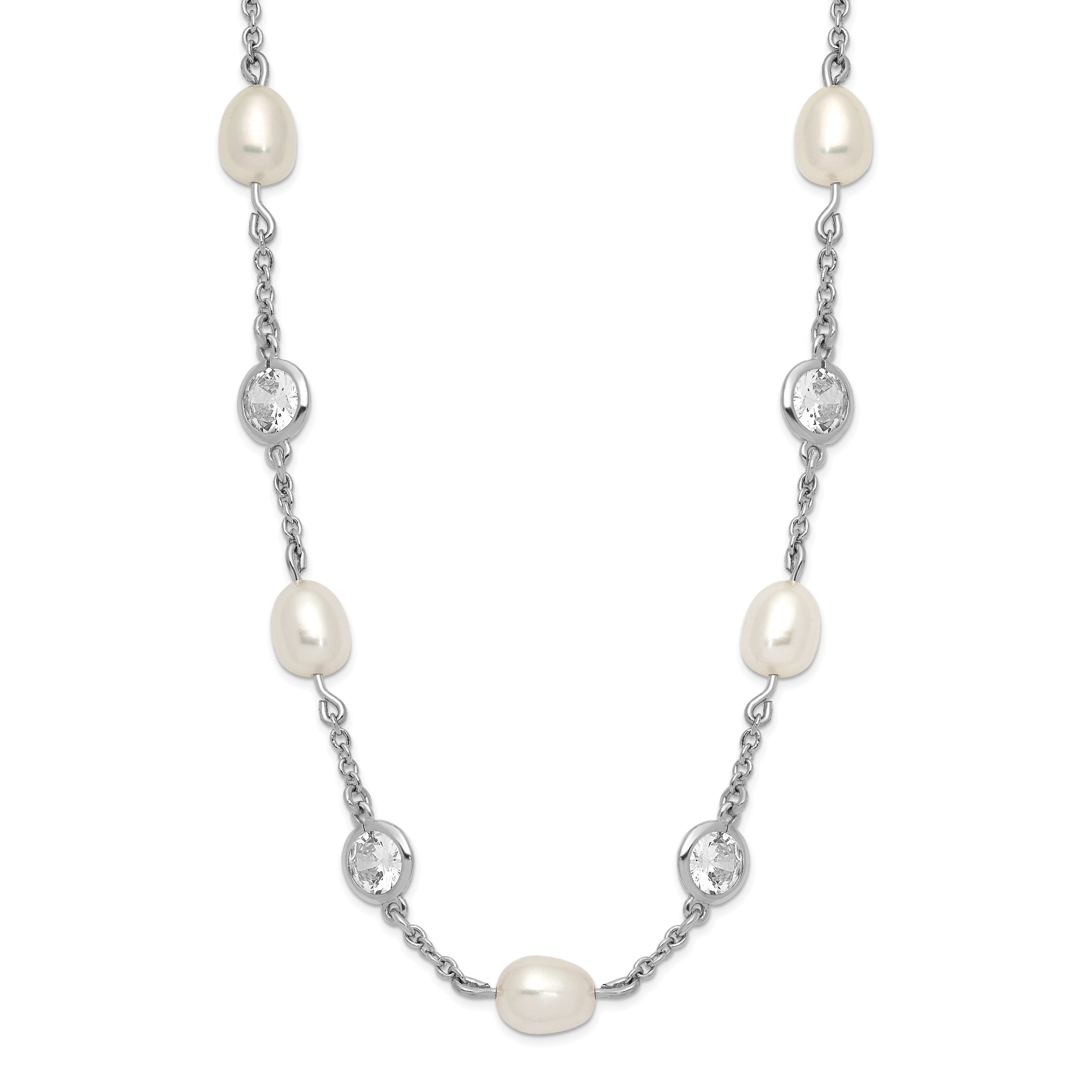 Cheryl M Sterling Silver Rhodium-plated Freshwater Cultured Pearl and Brilliant-cut CZ Bezel Station 36 Inch Necklace