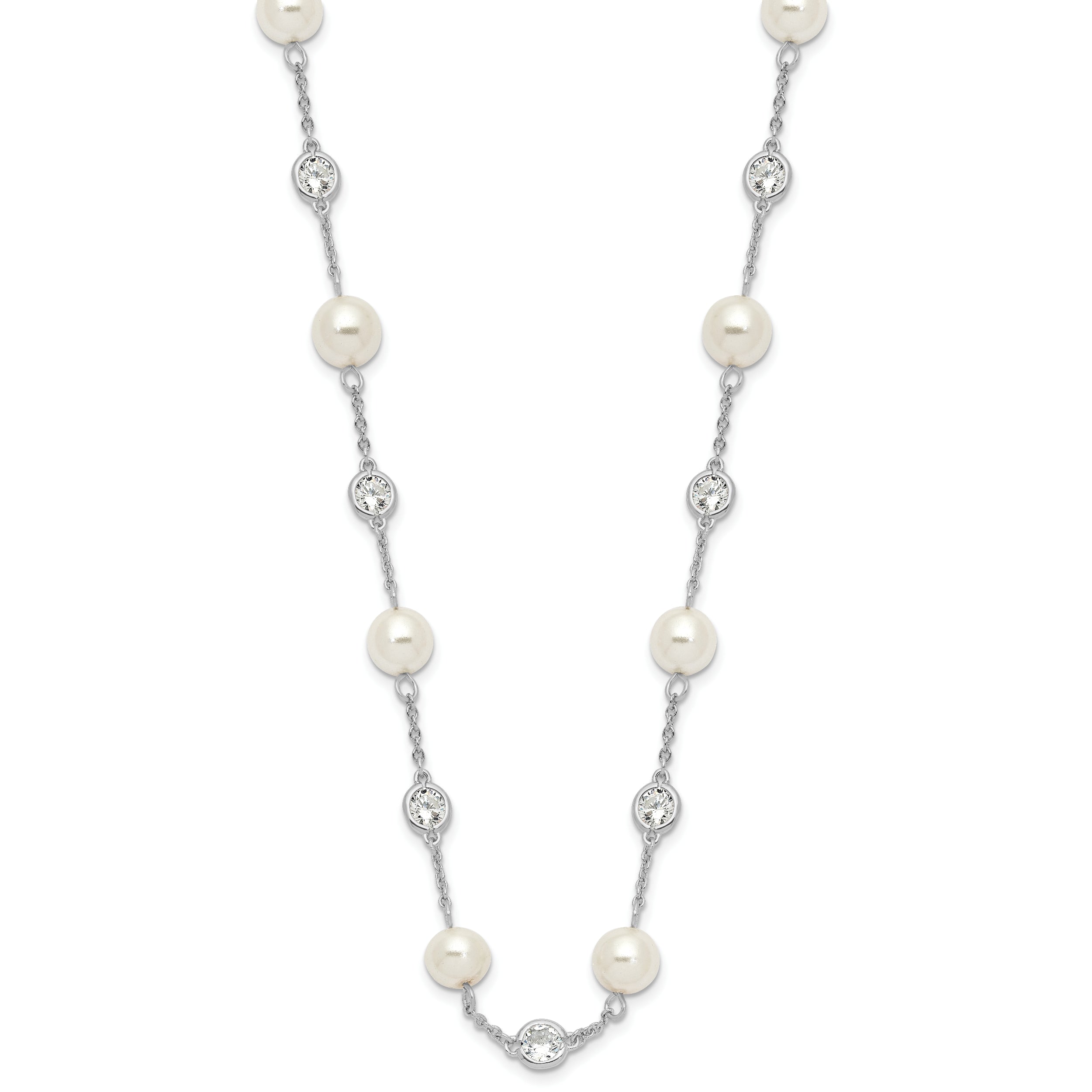 Cheryl M Sterling Silver Rhodium-plated Glass Pearl and Brilliant-cut CZ Bezel Station 36 Inch Necklace