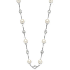 Cheryl M Sterling Silver Rhodium-plated Glass Pearl and Brilliant-cut CZ Bezel Station 36 Inch Necklace