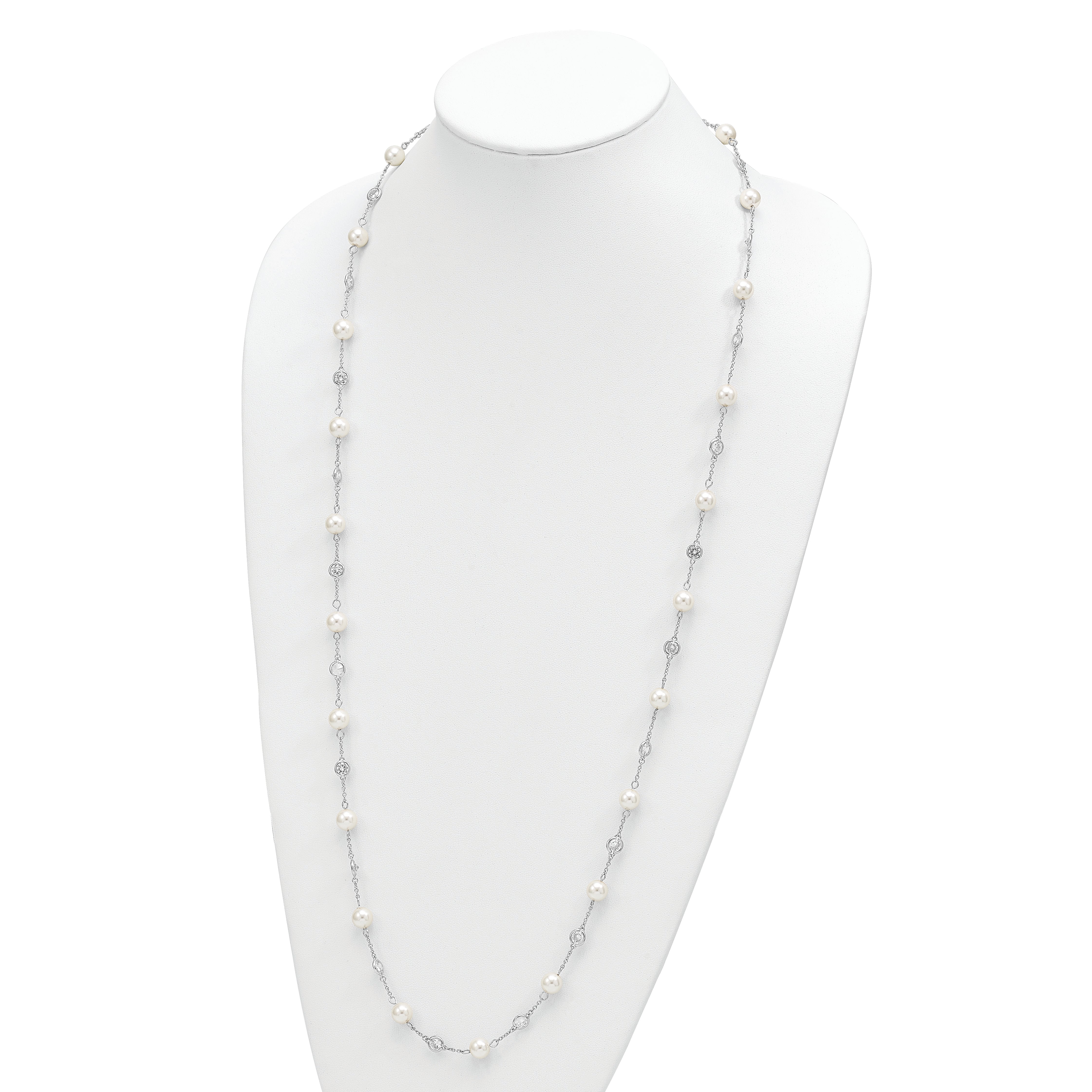 Cheryl M Sterling Silver Rhodium-plated Glass Pearl and Brilliant-cut CZ Bezel Station 36 Inch Necklace