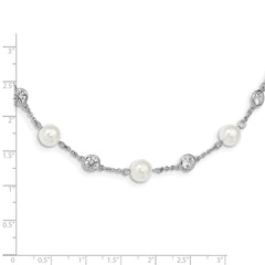 Cheryl M Sterling Silver Rhodium-plated Glass Pearl and Brilliant-cut CZ Bezel Station 36 Inch Necklace