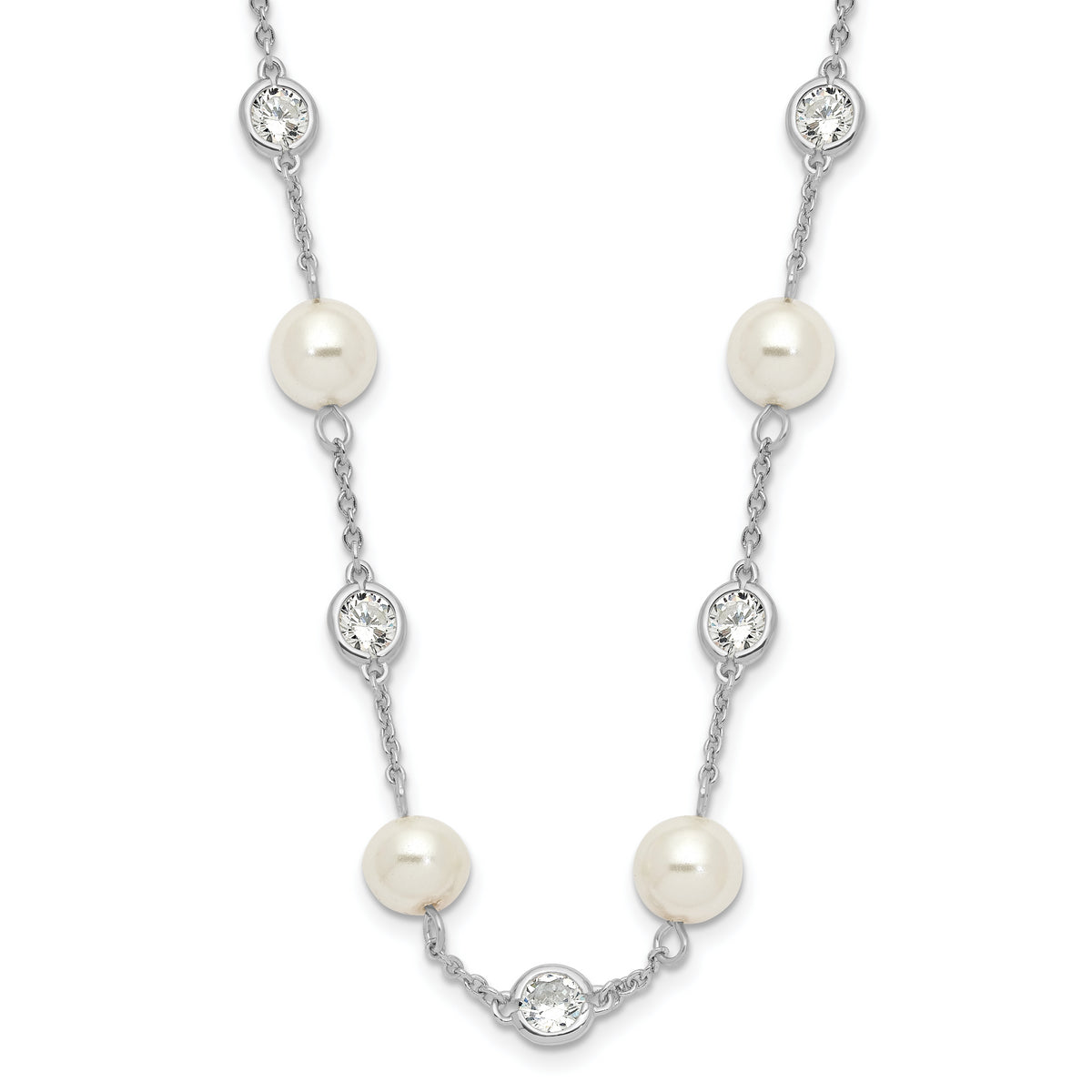 Cheryl M Sterling Silver Rhodium-plated Glass Pearl and Brilliant-cut CZ Bezel Station 36 Inch Necklace