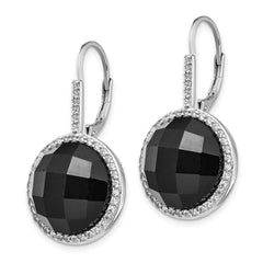 Cheryl M Sterling Silver Rhodium-plated Checker-cut Onyx and Brilliant-cut White CZ Round Halo Dangle Leverback Earrings