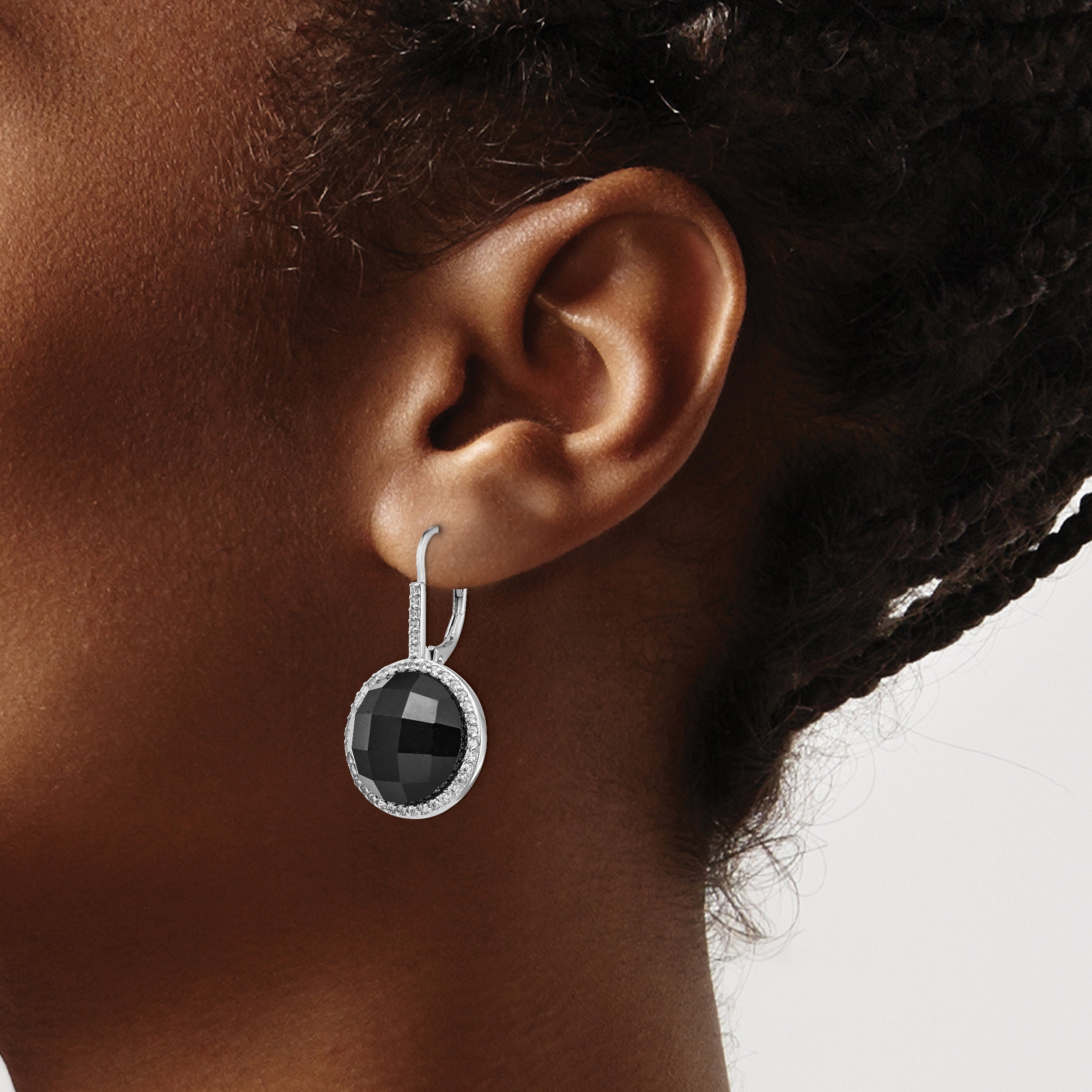 Cheryl M Sterling Silver Rhodium-plated Checker-cut Onyx and Brilliant-cut White CZ Round Halo Dangle Leverback Earrings